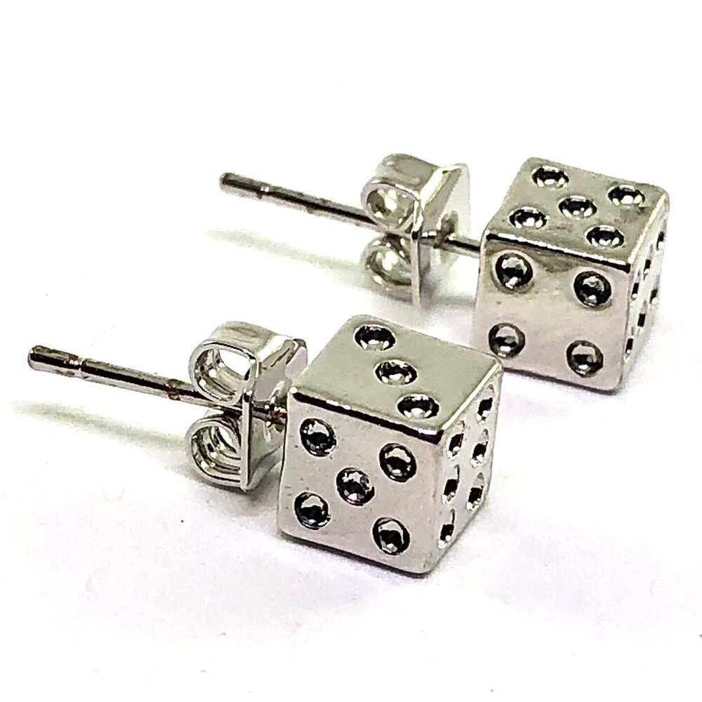 lucky dice stud earrings silver tone casino vegas game novelty fun retro kitsch